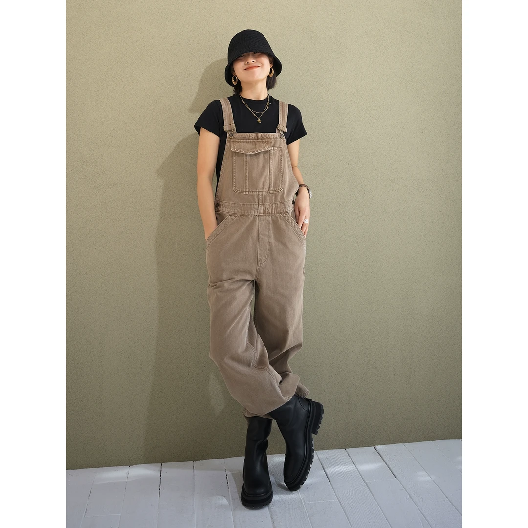 UPINLOOK减龄背带裤 沙漠色 琎口土耳其料~女士直筒牛仔裤AA303