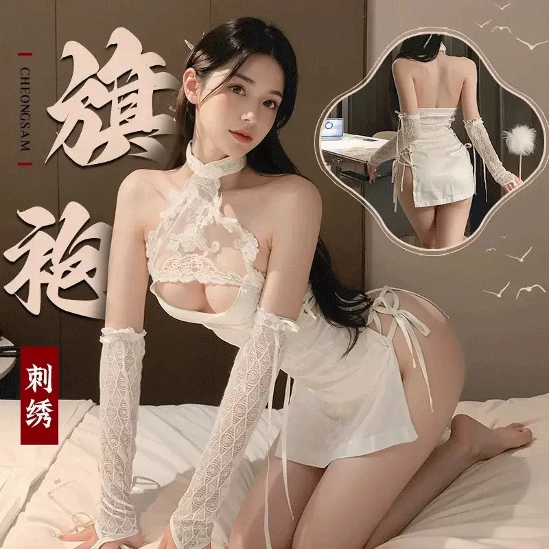 （浪漫）新款性感衣古风刺绣旗袍战袍白色连衣裙制服博主