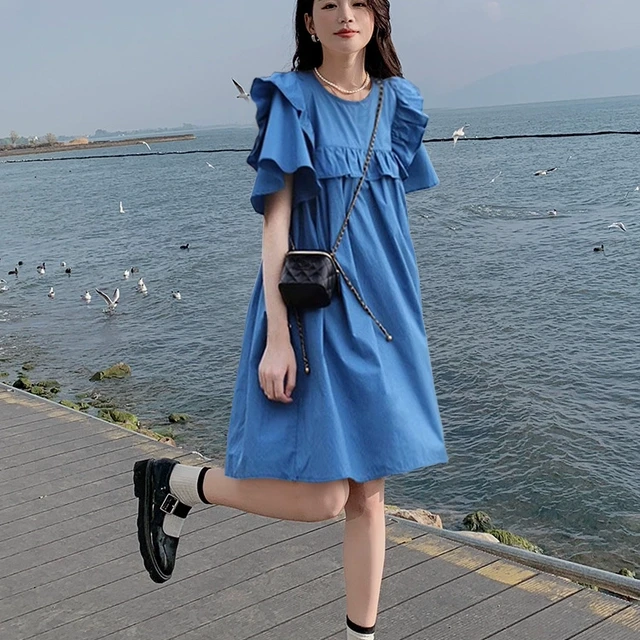 夏季2025新款海边度假娃娃裙子法式小个子蓝色荷叶边连衣裙女3184