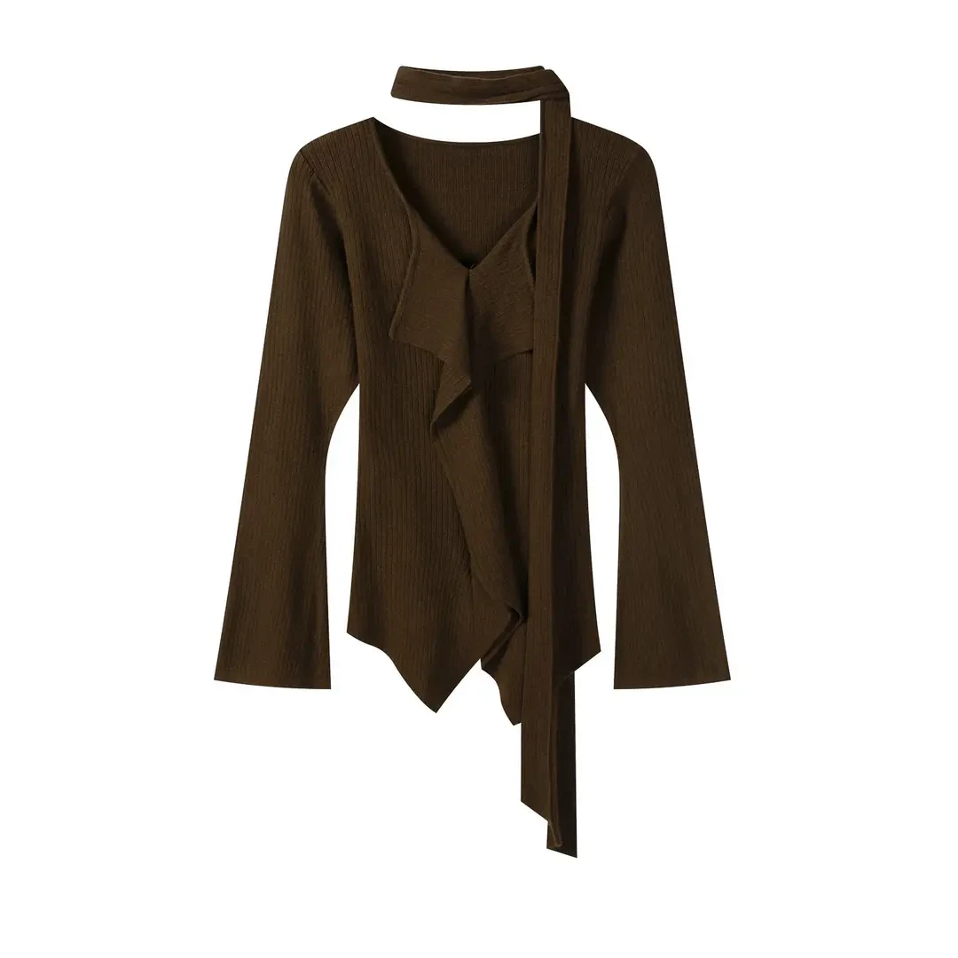 灰色不规则飘带长袖针织衫设计感修身小衫上衣