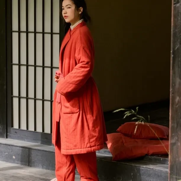 252-156朵朵可可女秋冬新款斜襟系带夹棉加绒保暖海貂绒居家睡袍