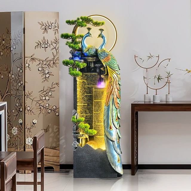 孔雀假山流水循环水摆件水幕墙落地装饰玄关客厅开业日常送礼摆件