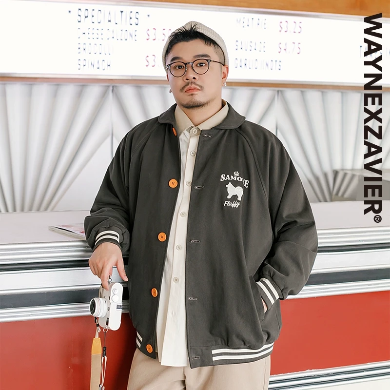 韦恩泽维尔加肥宽松大码翻领插肩袖绣花灰色球衫休闲外套男9029