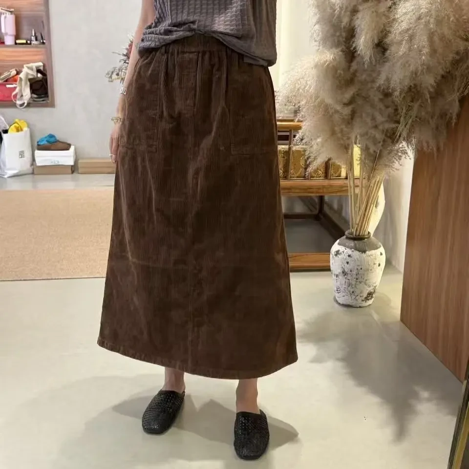 D211-松紧腰灯芯棉通勤显瘦半身裙百搭半裙复古春秋冬气质文艺