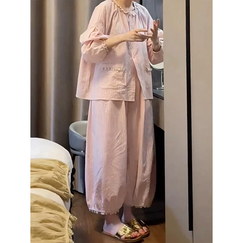 少女甜美花边长袖睡衣女春秋款2025年新款舒适棉纱家居服大码套装