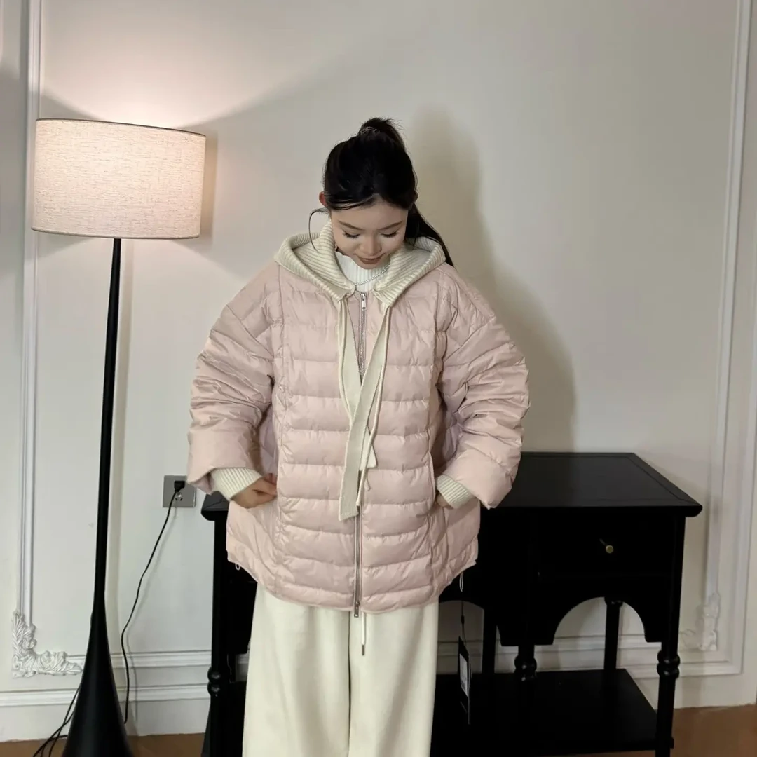 短款针织连帽女冬季韩版宽松保暖拼接白鸭绒外套时尚女装
