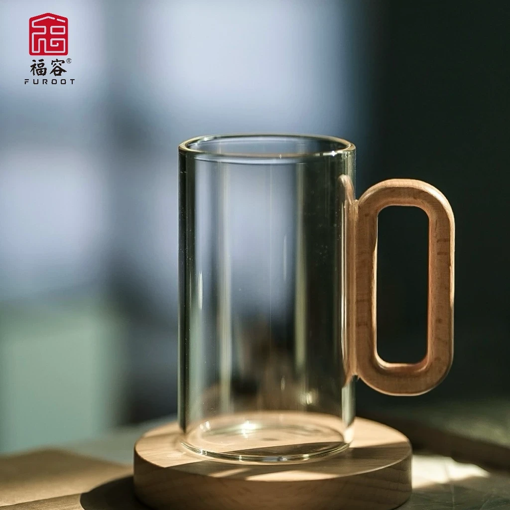 福容木把墨语杯 360ml 家用高档高硼硅耐热高温玻璃水杯简约茶杯