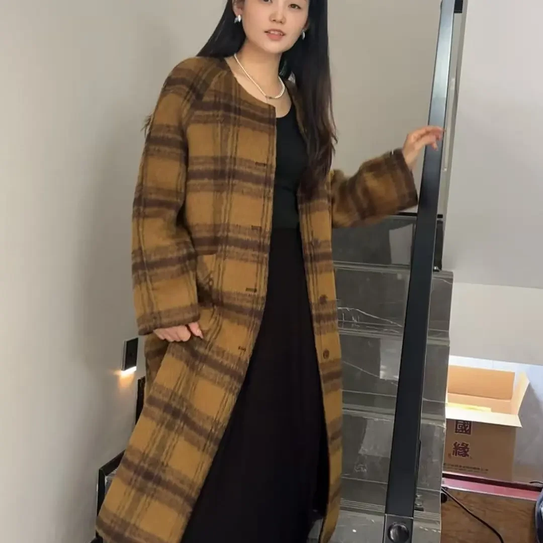中长款格子带披肩阔版显瘦双面羊绒大衣配围巾