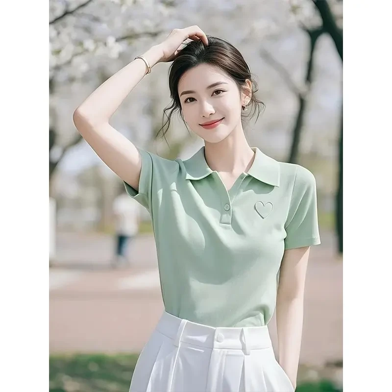 绿色polo领短袖T恤女2025新款夏季爆款设计感小众独特漂亮上衣
