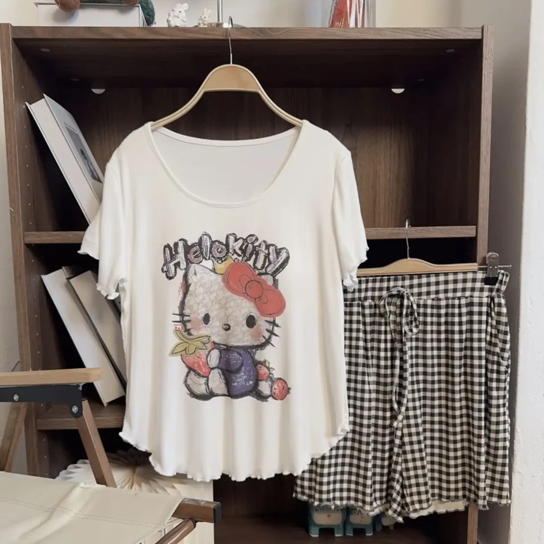 新款带胸垫卡通KT猫女夏季可外穿短袖宽松薄款家居服睡衣显瘦韩版