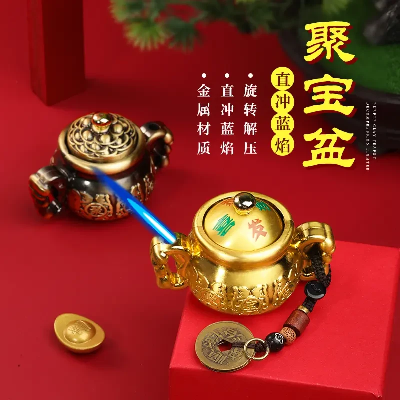 【旋转“聚宝盆”】创意打火机新款国潮金属茶壶防风男士小巧精美摆件商品图