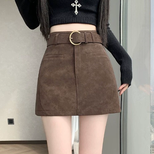 美拉德鹿皮绒工装包臀短裙女外穿秋冬季超好看高腰修身a字半身裙