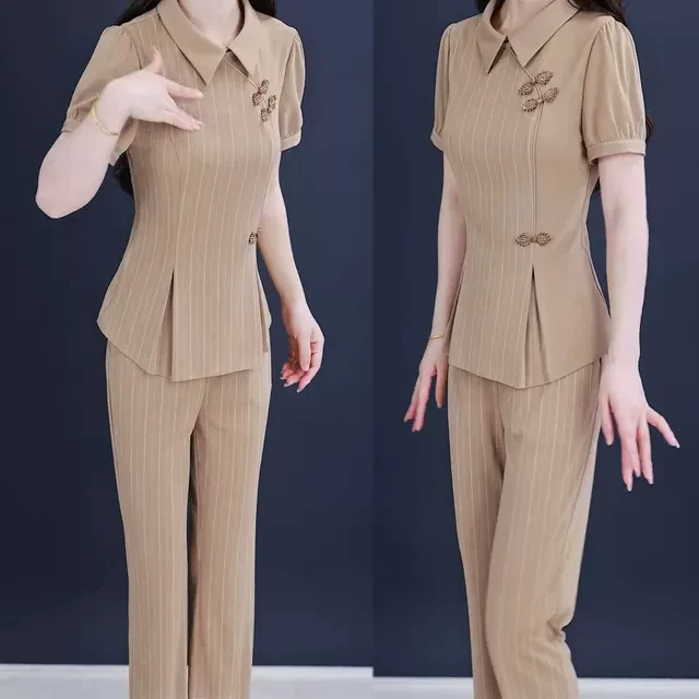 2025年夏季新款气质显瘦套装国风盘扣条纹短袖上衣微喇叭裤两件套