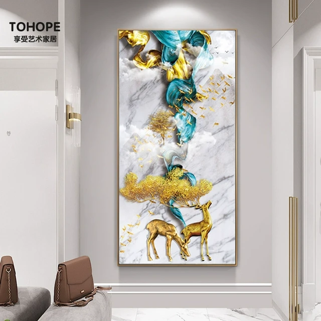 现代简约入户玄关装饰画福禄似锦客厅挂画走廊过道竖版单幅晶瓷画