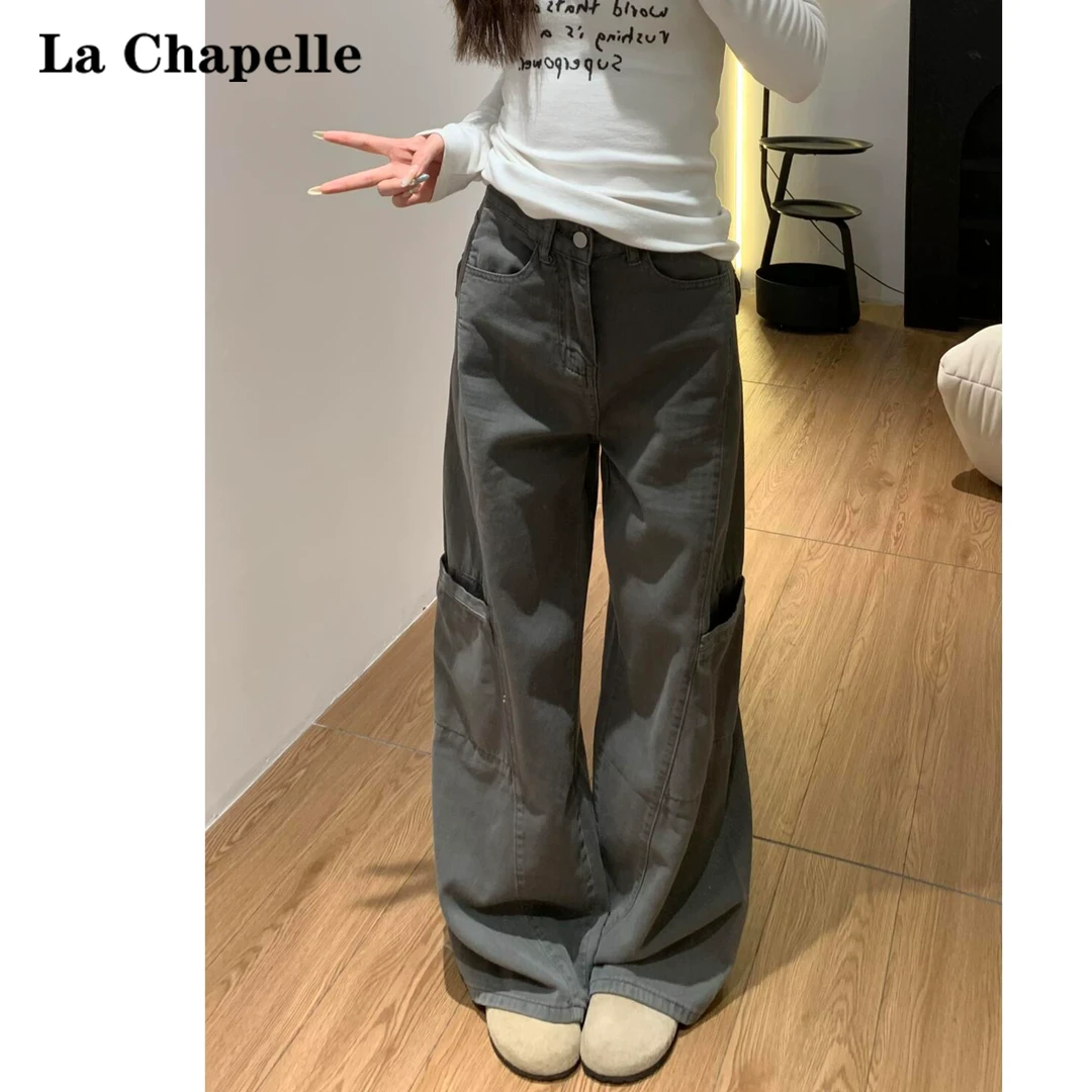 拉夏贝尔美式灰色工装牛仔裤女2025春秋新款多口袋宽松阔腿拖地裤