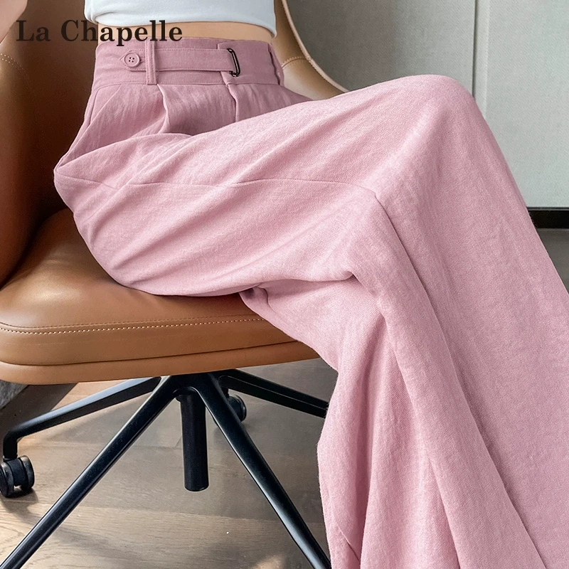 拉夏贝尔棉麻冰丝西装裤女夏季薄款2025新款高腰直筒窄版亚麻裤子