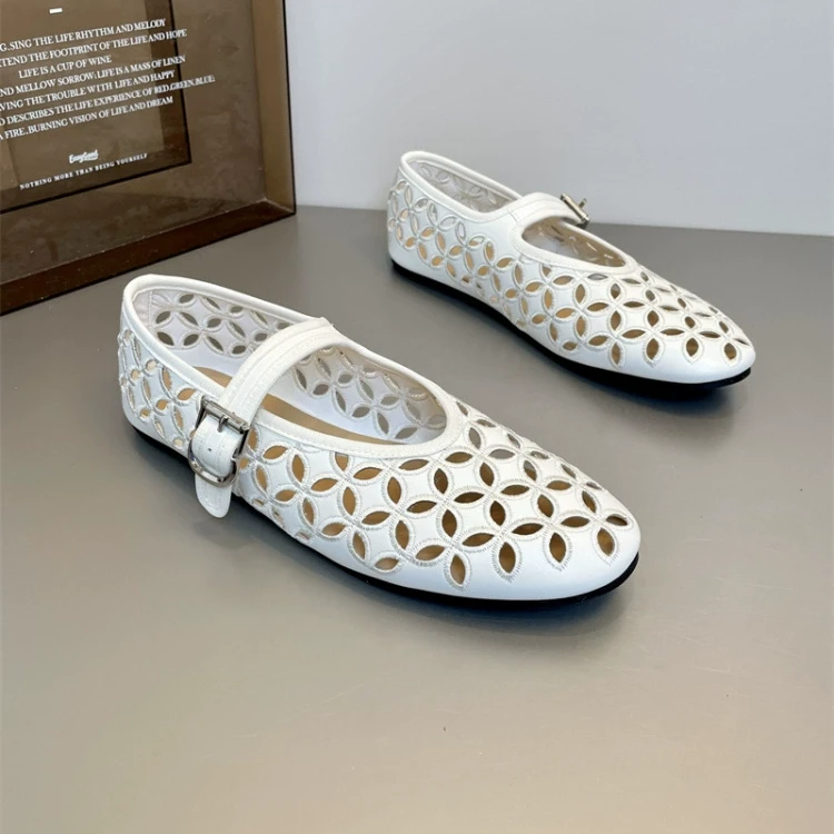 欧洲站2025夏季新款镂空法式浅口玛丽珍鞋女羊皮单鞋软底芭蕾舞鞋