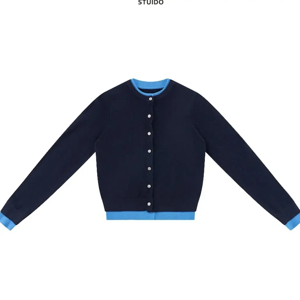 撞色纯色针织常规薄款圆领衫海军女装秋季