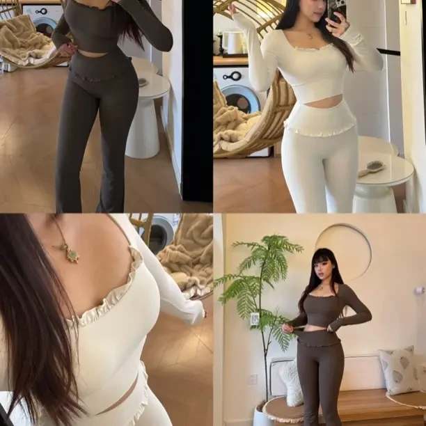 带胸垫裸感花边长袖瑜伽上衣搭配高腰减肥显瘦透气微喇瑜伽裤套装