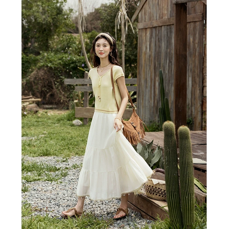 谜秀4.23仿麻包心纱针织衫 V领系带大理石圆珠设计显瘦慵懒风上衣