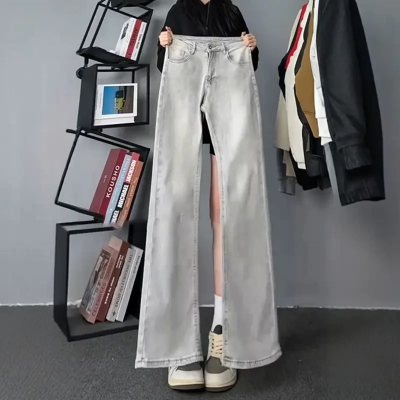 水泥烟灰色牛仔裤男款潮牌美式高腰提档版型裤子显腿长直筒微喇裤