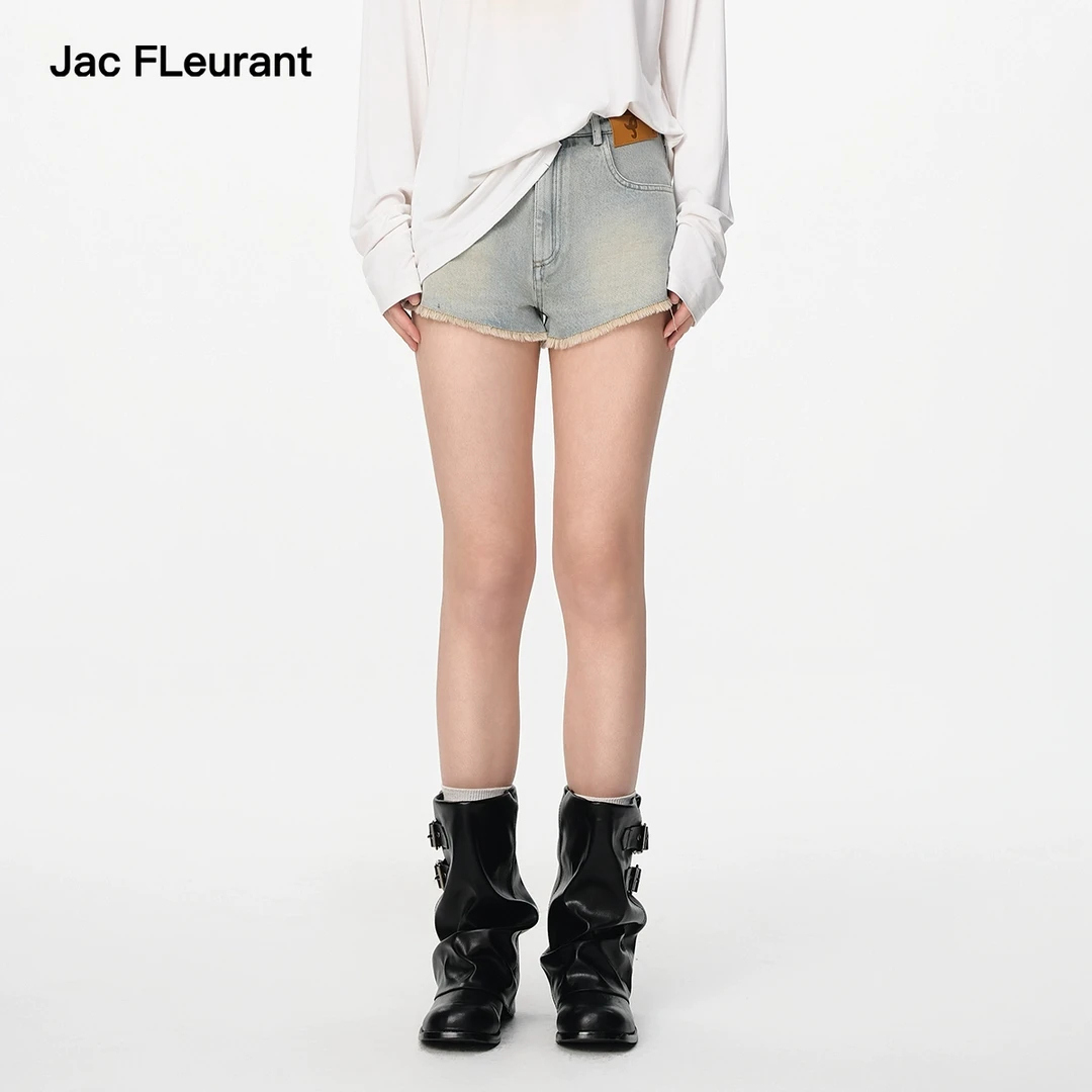 JAC FLEURANT春夏新款牛仔短裤女蓝色毛边显瘦百搭高腰a字裤