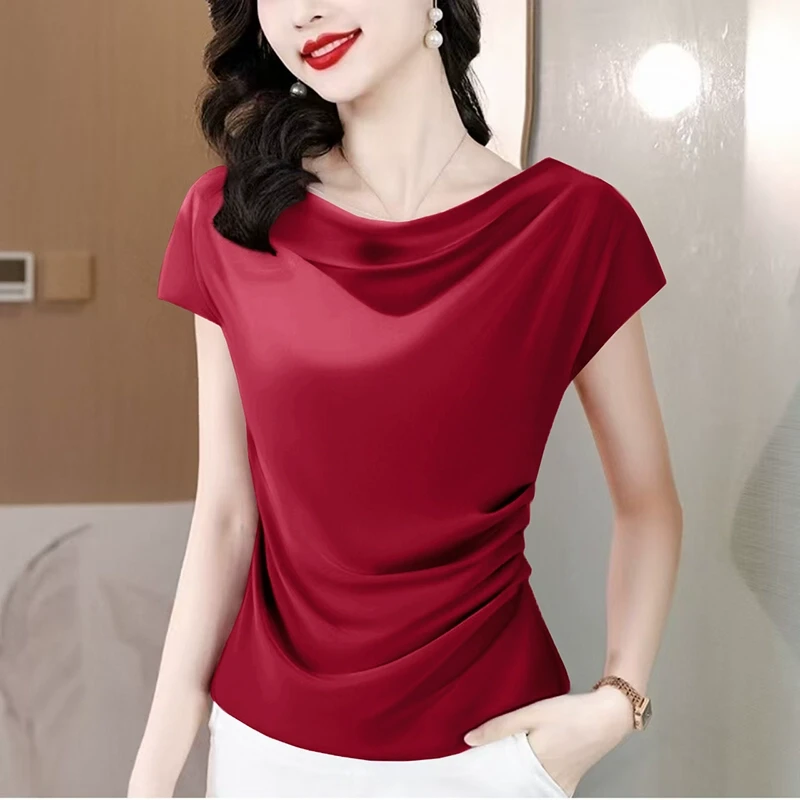 法式荡领一字肩上衣女夏季新款妈妈短袖t恤褶皱收腰气质小衫