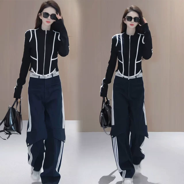 2025春季时尚撞色短款长袖开衫上衣三条杠高腰窄版阔腿裤两件套装