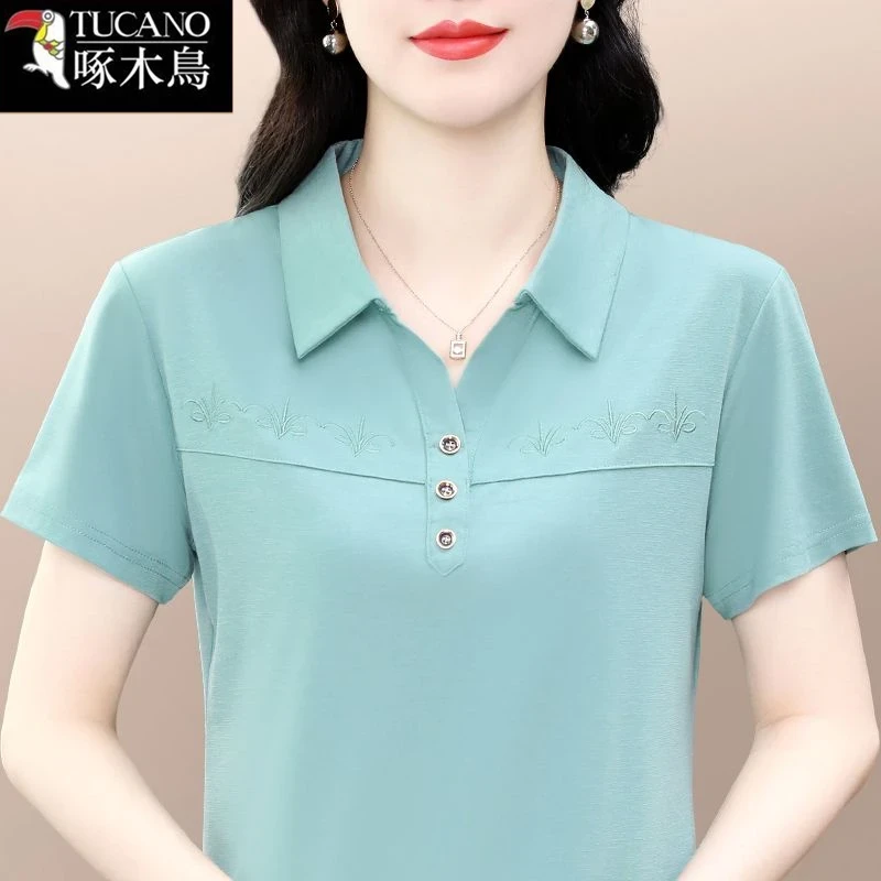 啄木鸟休闲通勤翻领短袖T恤女夏季新款百搭夏装运动薄款大码上衣
