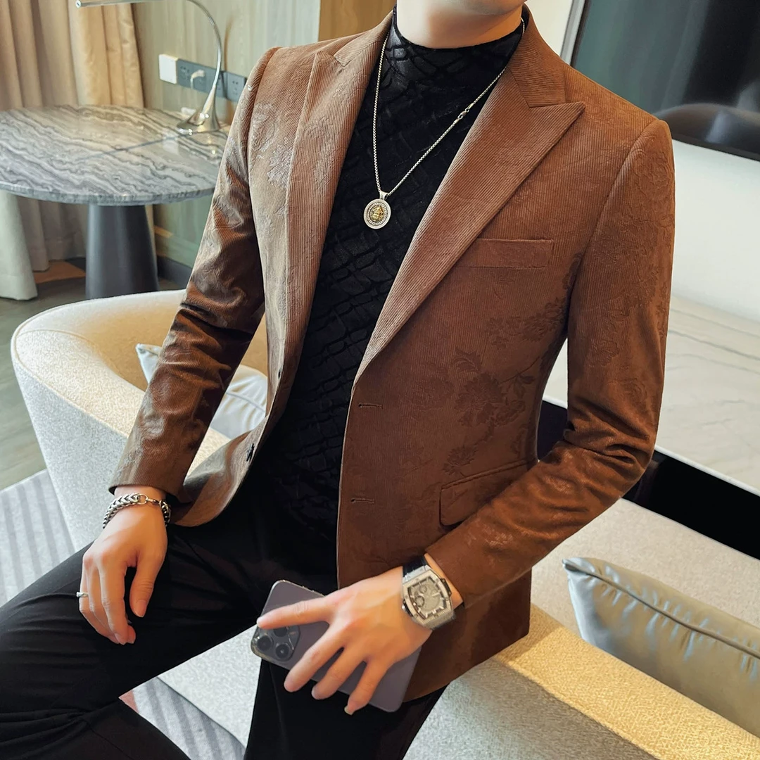 花西装男士春季新款单排扣西装外套男款韩版修身双开叉单西服上装