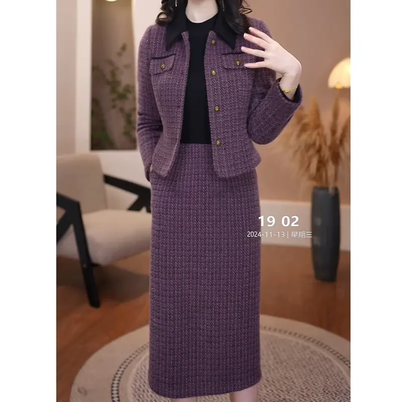 加绒加厚小香风贵气两件套洋气大码套装裙子中老年阔妈妈秋装外套