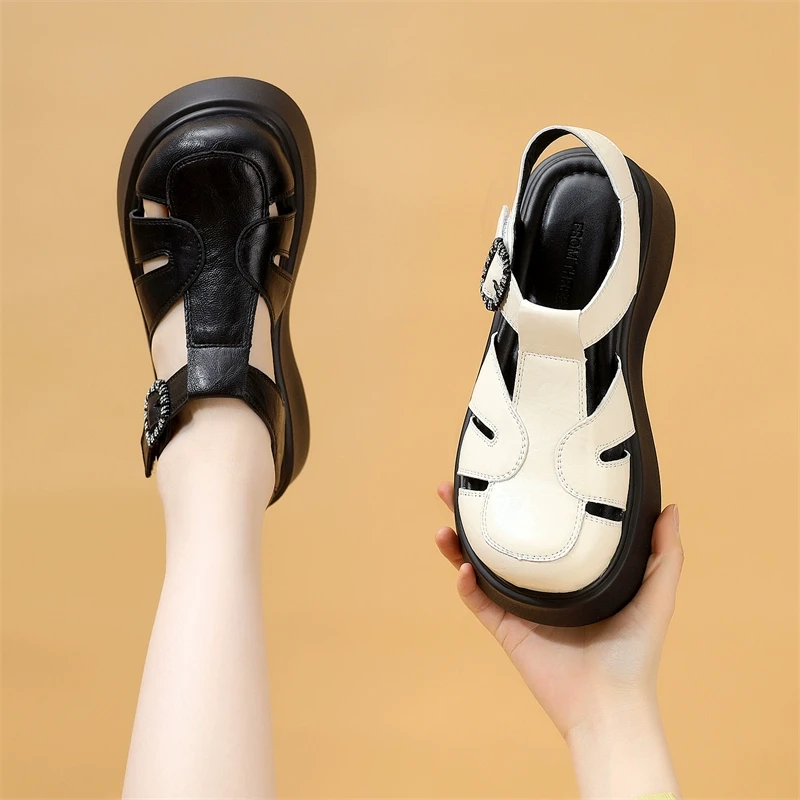 厚底凉鞋女款2025新款夏季小个子增高仙女风猪笼鞋配裙软底沙滩鞋