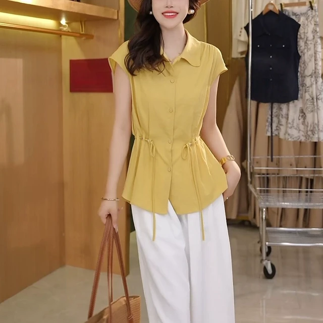 2025夏季新款翻领收腰小衫上衣女时尚气质纯色宽松显瘦短袖衬衫潮