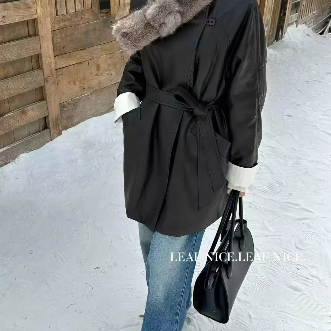 女冬季韩系加绒中长款系带收腰PU皮皮衣洋气高级感立领黑色气质