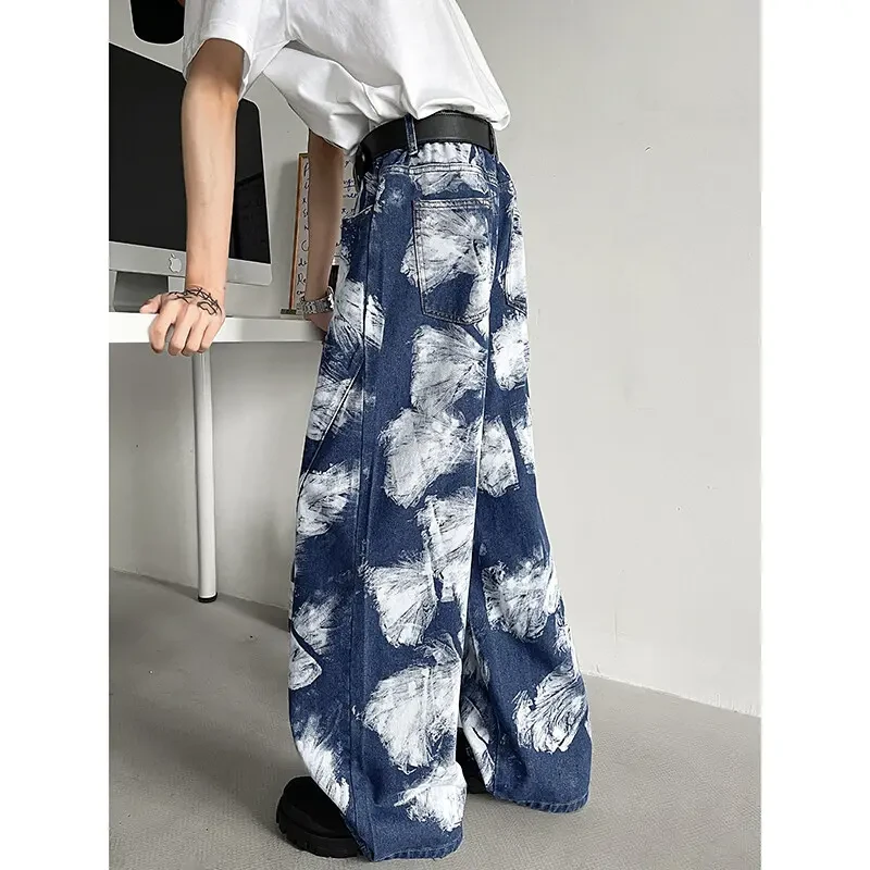 泼墨水洗弯刀牛仔裤男春秋美式vibe高街潮牌痞帅宽松直筒阔腿裤子