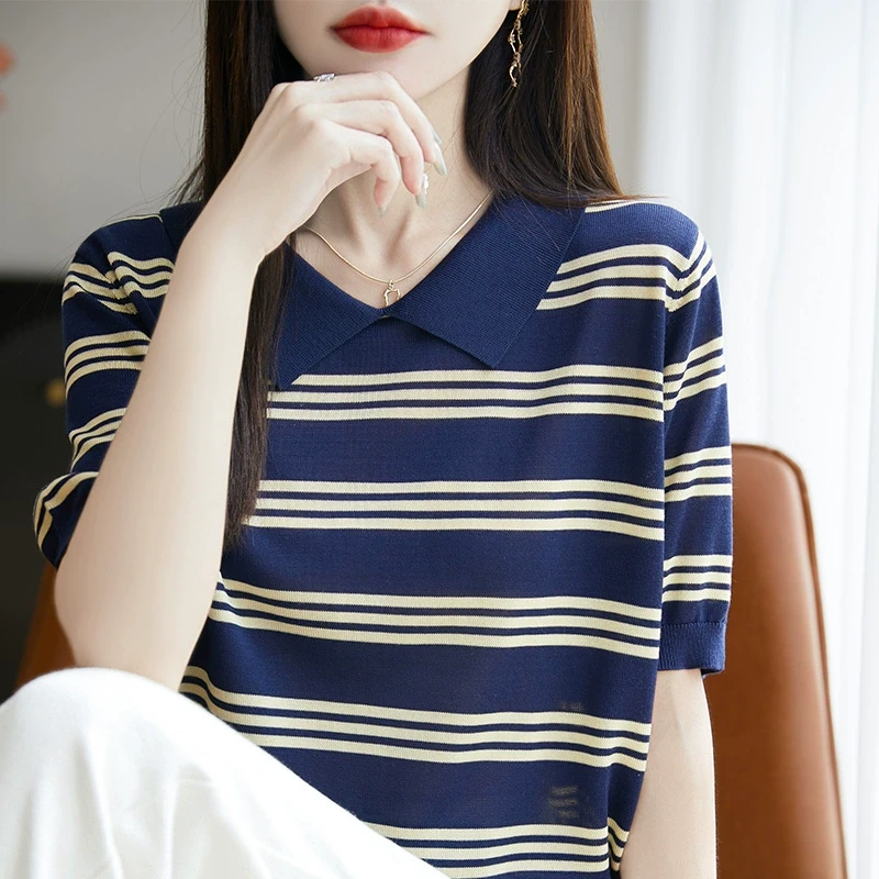 羊范高级感条纹POLO领100%莱赛尔撞色短袖女夏季凉感气质百搭上衣