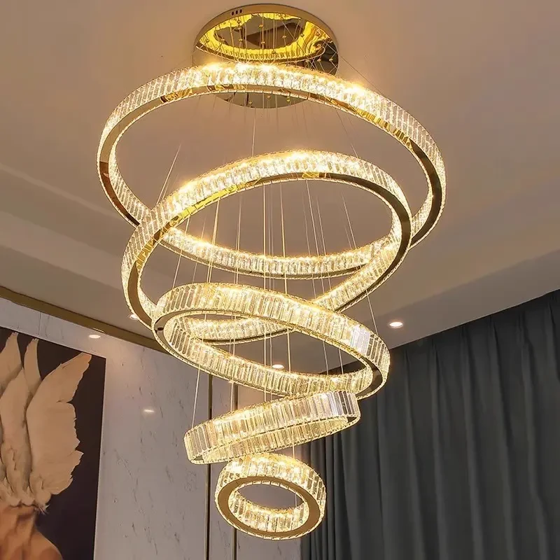 别墅挑空客厅吊灯轻奢高档楼中楼跃层挑高水晶灯复式楼中空大吊灯