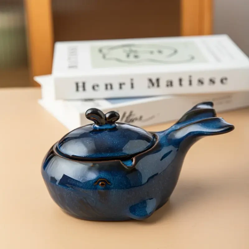 窑变星空复古轻奢陶瓷烟灰缸带盖防灰尘鲸鱼造型个性大气