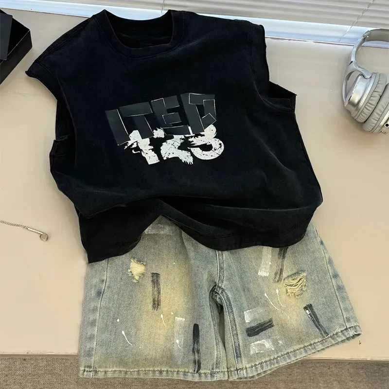 韩国童装男童裤子春夏痞帅风时髦破洞牛仔裤儿童短裤夏款套装