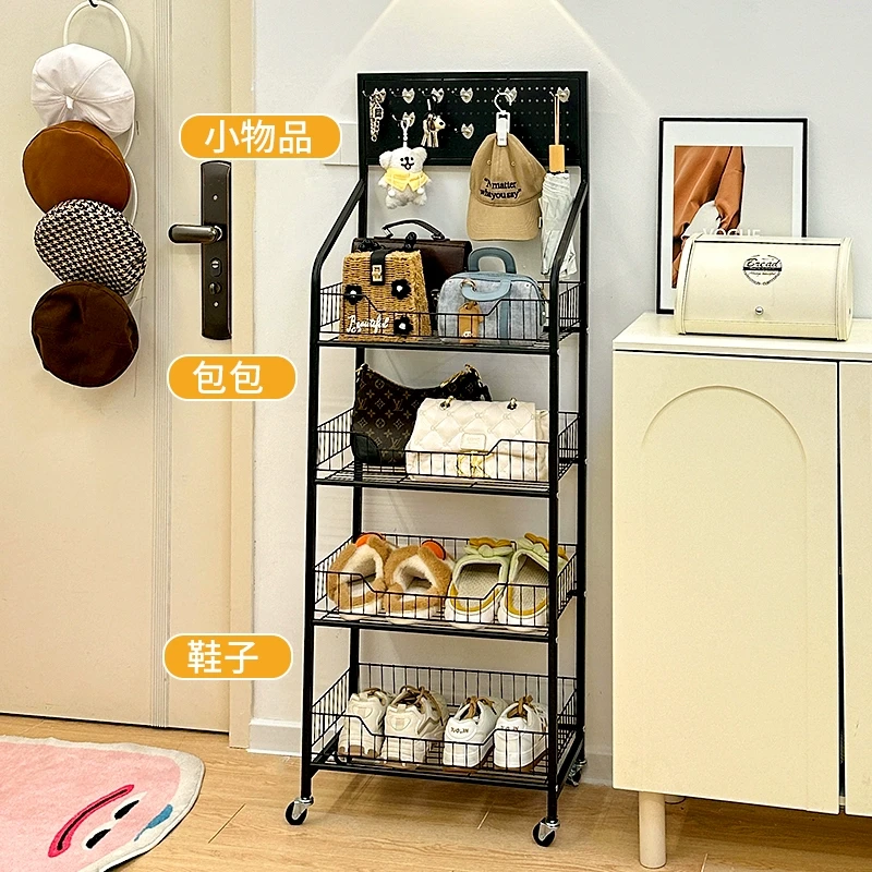 入户门口置物架落地鞋架家用铁艺可移动小推车多层杂物收纳架客厅