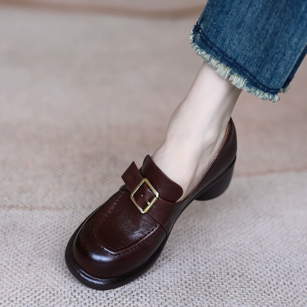 2025春新款圆头单鞋女真皮一脚蹬皮带扣深口粗跟厚底乐福鞋