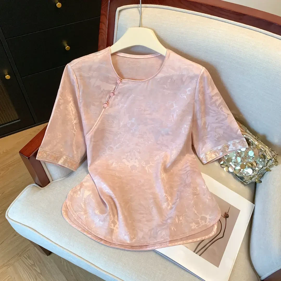 E230新中式复古提花斜襟圆领短袖夏季新品轻奢小众优雅气质衬衫女