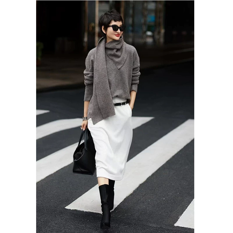 围脖针织衫毛衣女秋冬法式时髦高级感软糯小众慵懒风套头纯色上衣