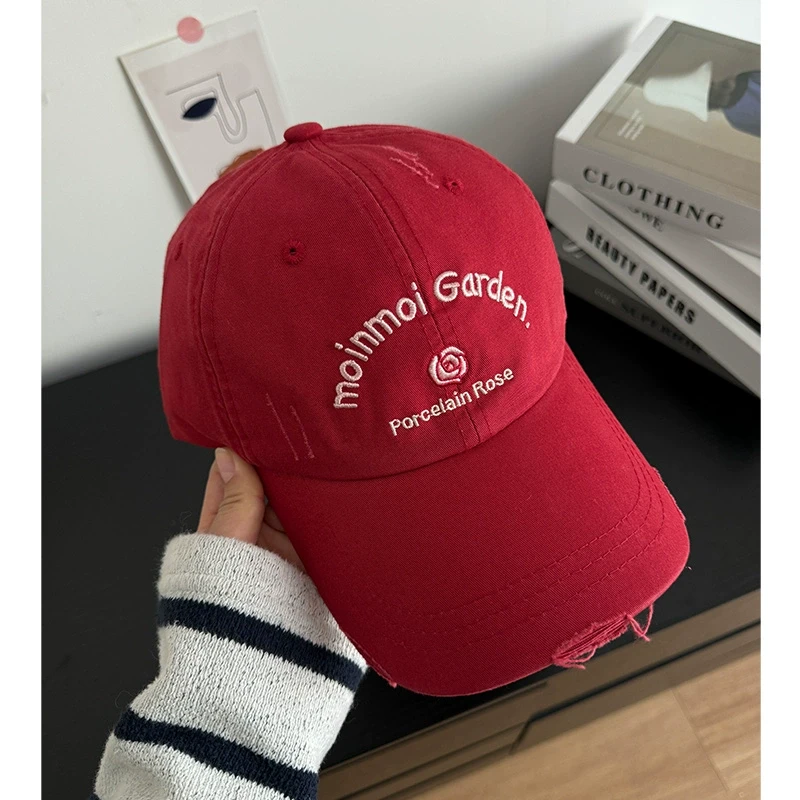 赵露思同款韩版遮阳棒球帽子女百搭软顶做旧显脸小红色鸭舌帽潮