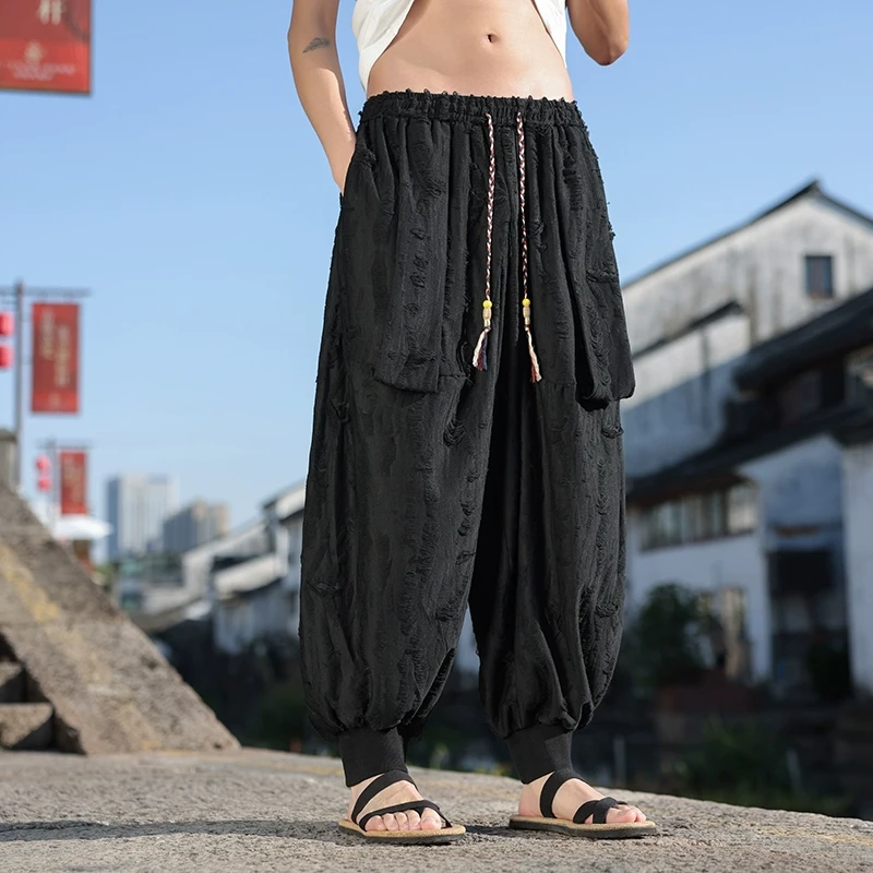山本风暗黑系废土风破洞裤子男新中式抽绳飘带设计感束脚哈伦裤潮