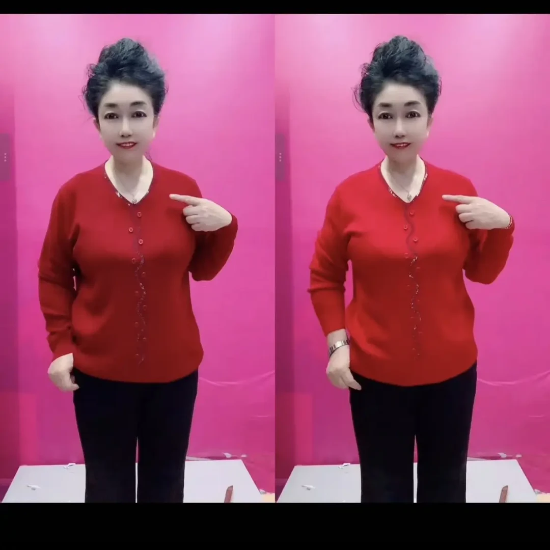中老年妈妈装V领烫钻针织衫春季新款宽松长袖打底衫上衣女