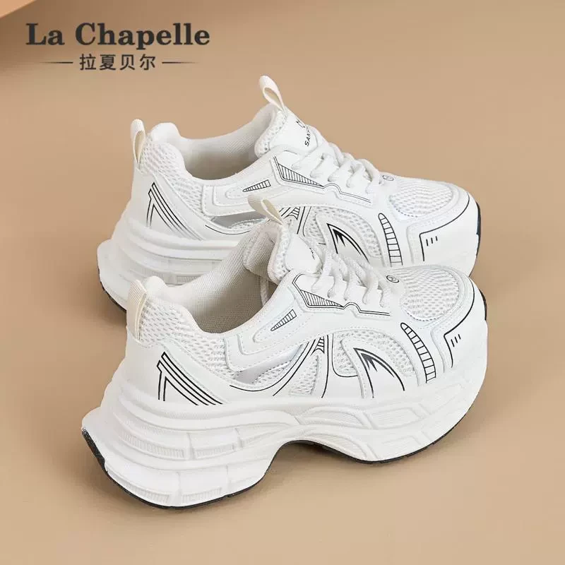 拉夏贝尔白色老爹鞋女2025春季新款网面透气厚底增高小个子运动鞋