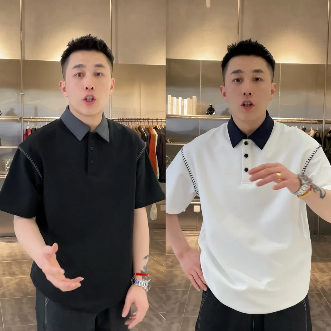 夏季新品明线拼接简约polo衫短袖时尚高级感商务休闲撞色翻领上衣