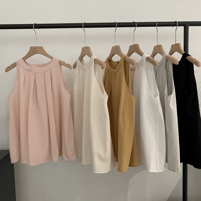 圆领无袖背心上衣压褶纯色复古减龄甜美娃娃衫女设计感夏季气质