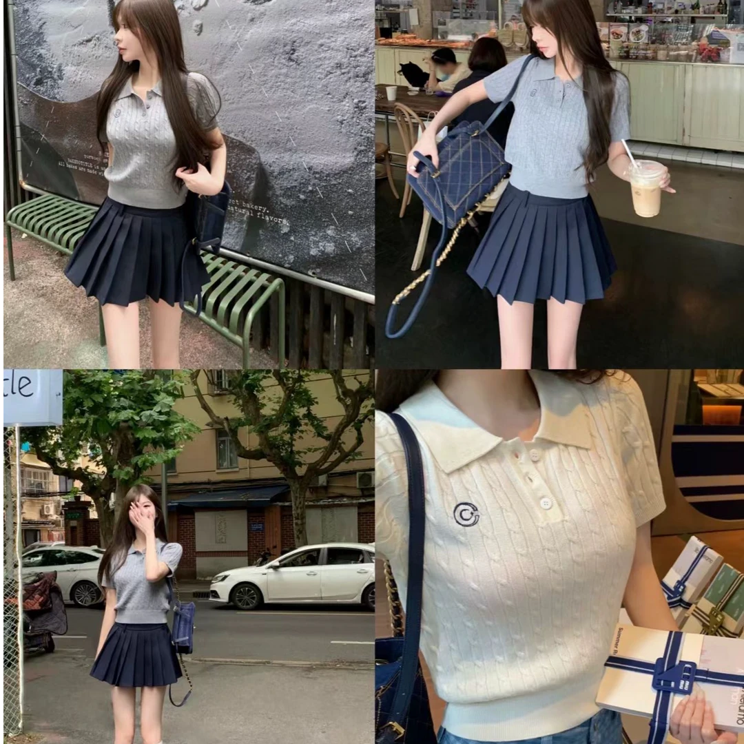 【大码】733韩系polo领学院风麻花短袖针织衫女